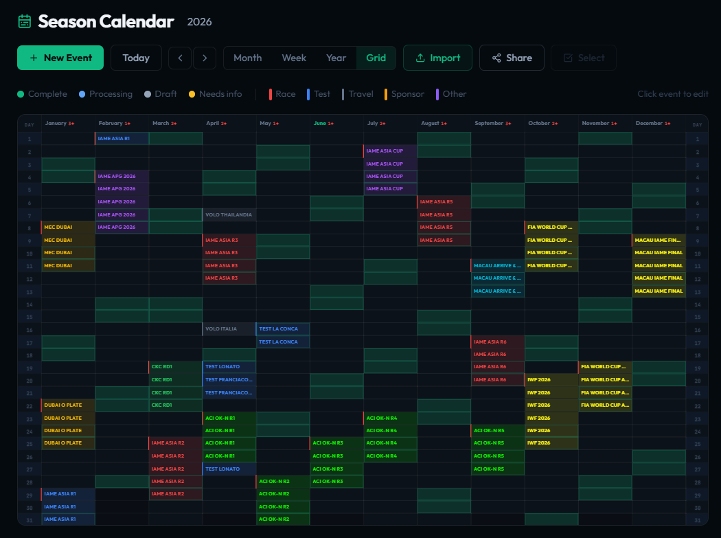 Koru season calendar showing race, test, travel, and sponsor events across a full year, color-coded by status and event type