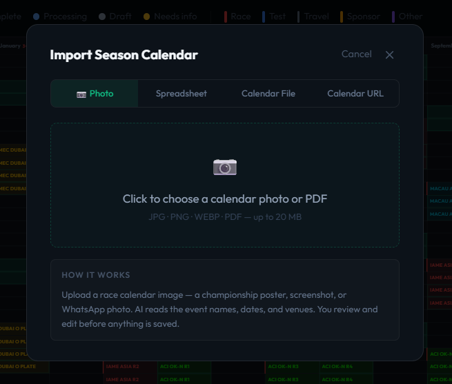 Import Season Calendar modal with Photo, Spreadsheet, Calendar File, and Calendar URL import options