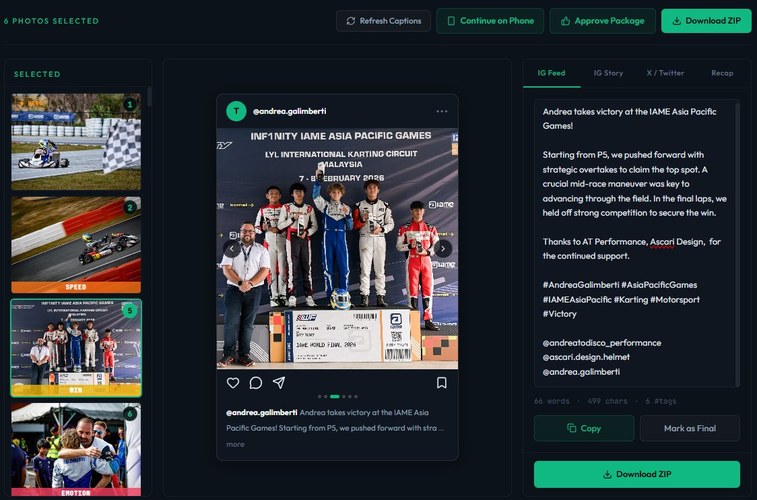 Koru editorial workspace showing selected photos, carousel preview and caption editor