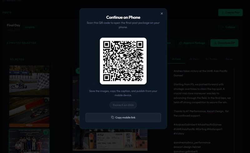 Koru Continue on Phone modal with QR code for mobile publishing