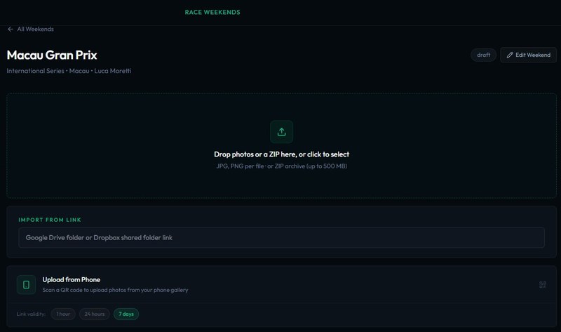 Koru upload interface showing drag and drop zone and QR upload